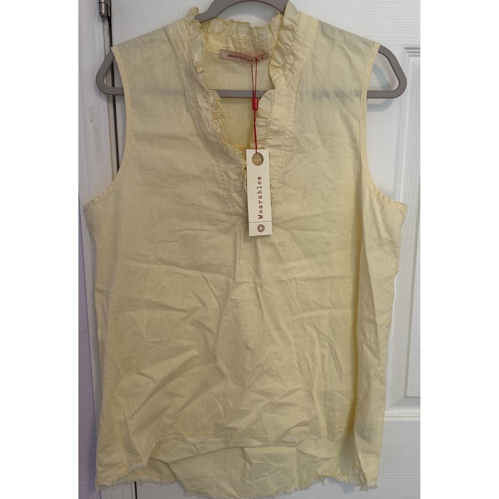 XCVI Wearables Linen Blend Sleeveless Top Butter Yellow Ruffle Hem 14213W Mens M